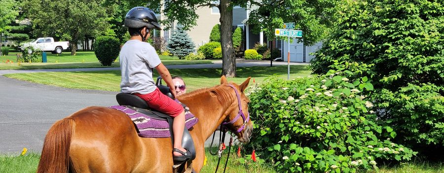 A child in a riding helmet on horseback, accompanied on foot by an adult handler